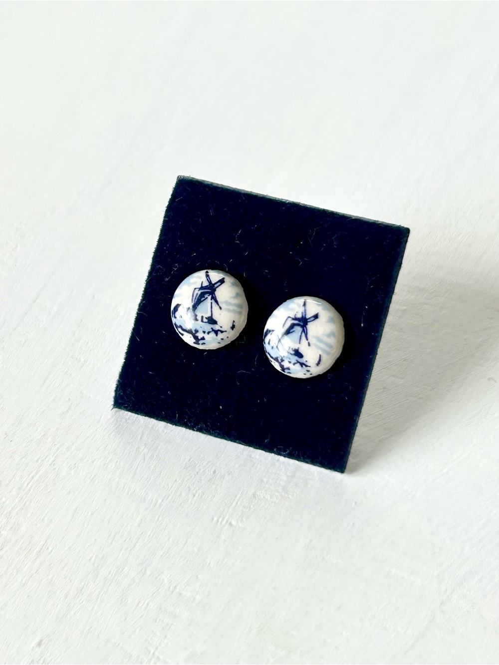 Vintage 1980s Delft Blue Dutch Windmill Ceramic Stud Post Earrings